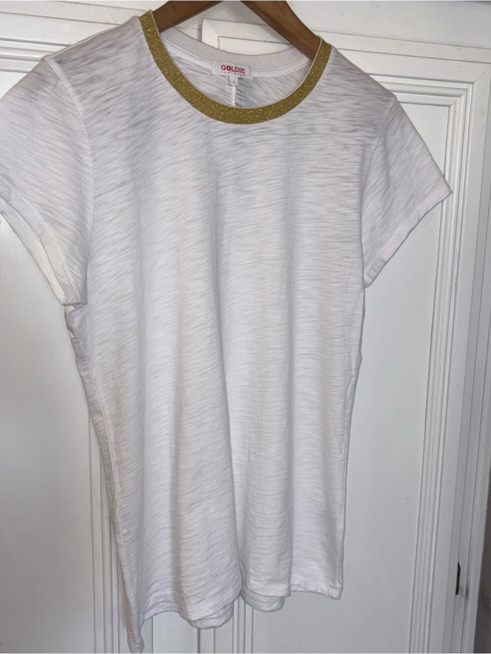 NWOT Goldie Lewinter Woman’s Large White  Top Gold Trim Accent Pima Cotton